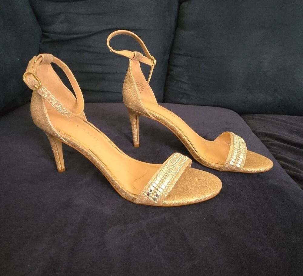 Kelly & Katie Heeled Sandals Size 7.5 Gold Glitter Rhinestone Ankle Strap